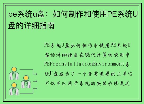 pe系统u盘：如何制作和使用PE系统U盘的详细指南